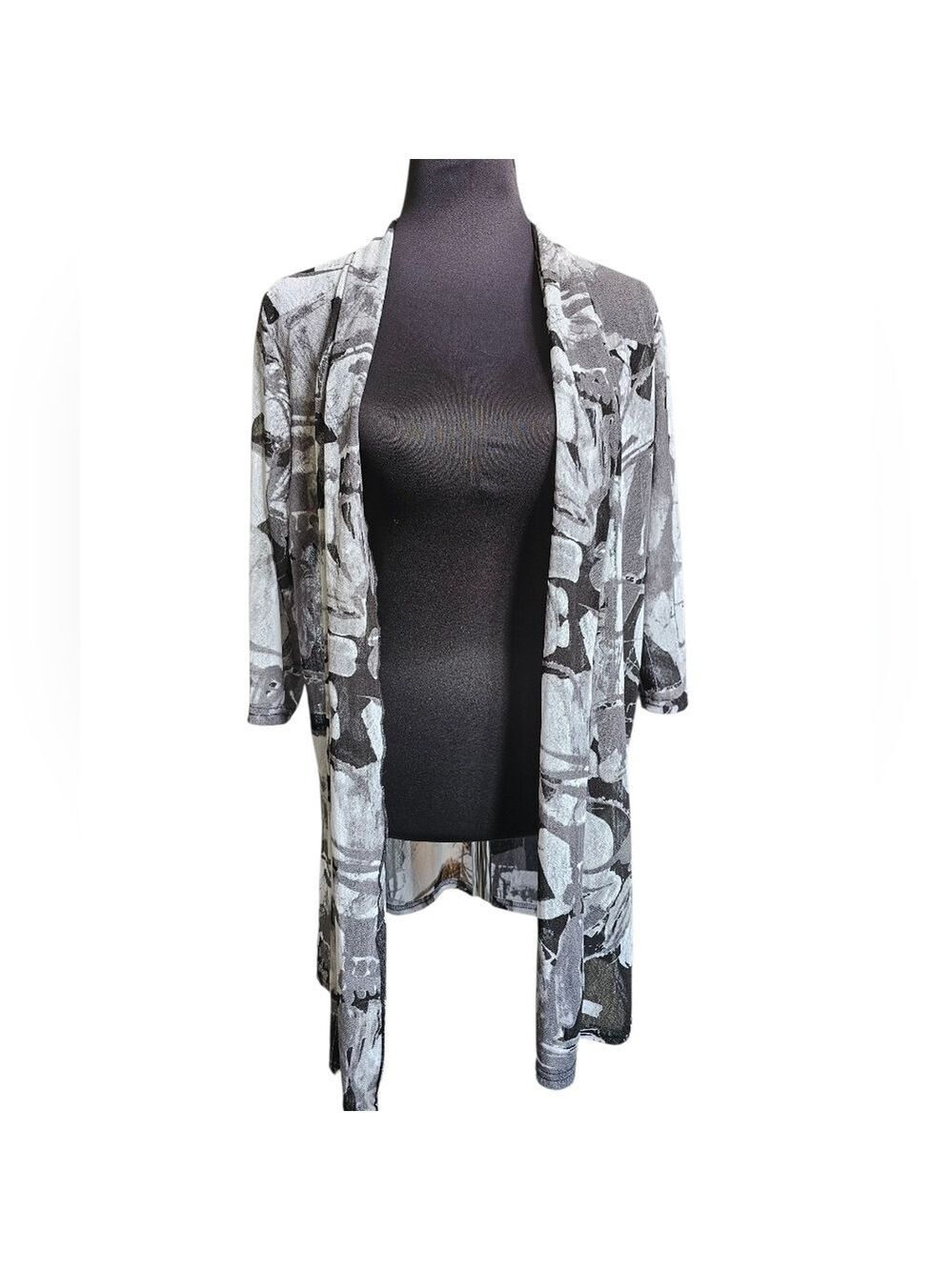 CREATION 3/4 Sleeve Black & Gray Open Front Cover Up Cardigan Size Medium NWT